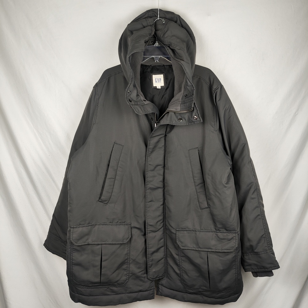 Gap Parka Coat Mens 2XL Gray Hooded Insulated Full Zip Lined Pockets Winter